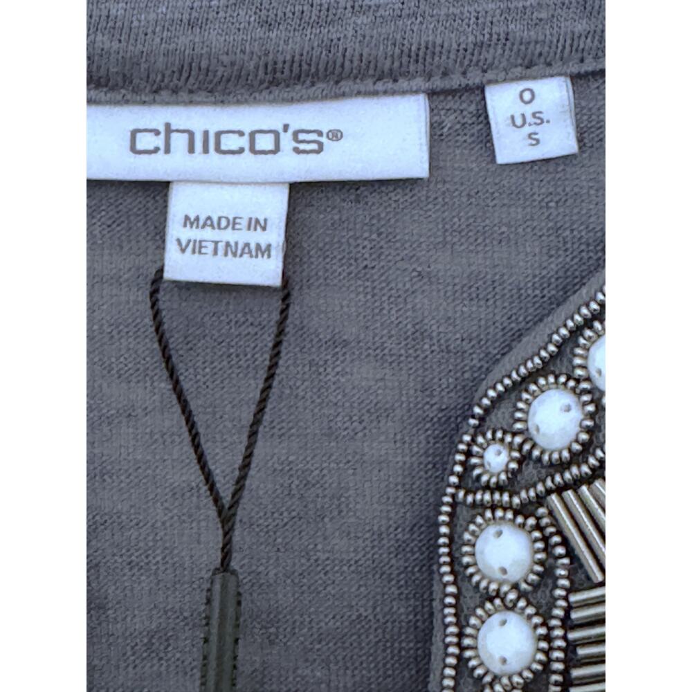 Chicos Beaded Neck 100% Linen Tunic Top Gray Purple Sz 0 Small US 4-6 - Picture 3 of 7